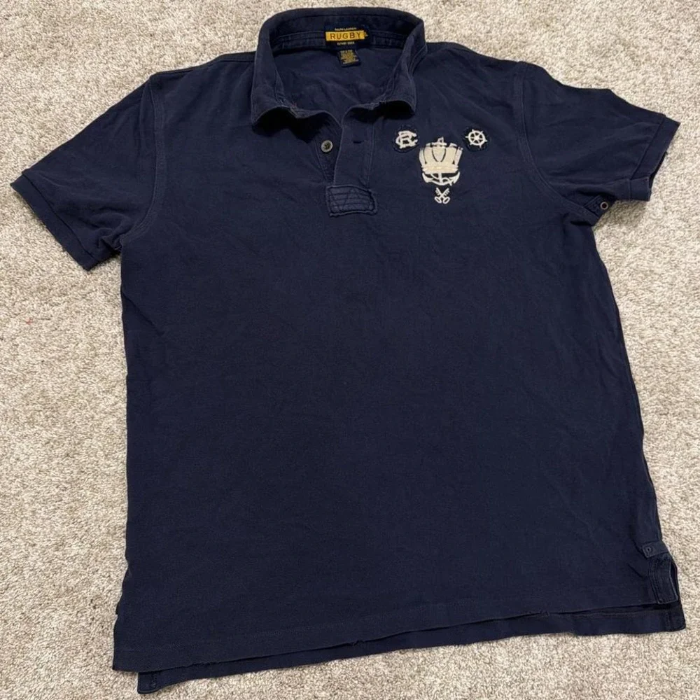 Rare Vintage Ralph Lauren Rugby Polo | Skull Crest |‎ Navy Blue | Men's XL